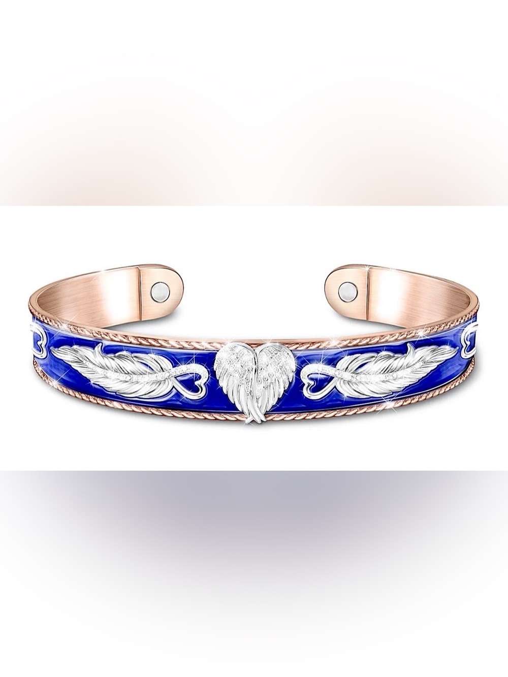 Guardian Angel Solid Copper Blue Enamel Engraved Always By My Side Cuff Bracelet